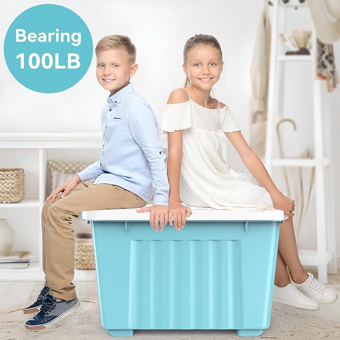 Nazhura 72 Quart Plastic Storage Bin, Stackable and Nestable Storage Boxes with Lids and Secure Latching Buckles, Large Storage Container (Blue, 72Quart-4Pack)