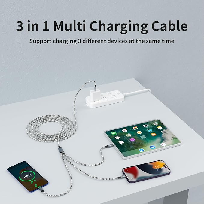 USB C Multi Charging Cable, (2 Pack 4FT), 3 in 1 Charging Cable Nylon Braided Universal Charger Cable with Type-C, Micro USB,IP Port for iPhone16/15 Series/Cell Phones & Pads and Other Devices