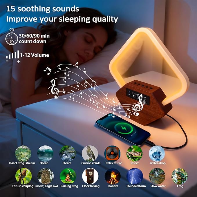 Xunhomon Sunrise Alarm Clock for Bedrooms Heavy Sleepers 15 Sleep Sounds White Noise Machine Baby/Adults 3 Color Table Lamp 10 Ringtones with PD22.5W USB C Fast Charger Birthday Gifts for Women