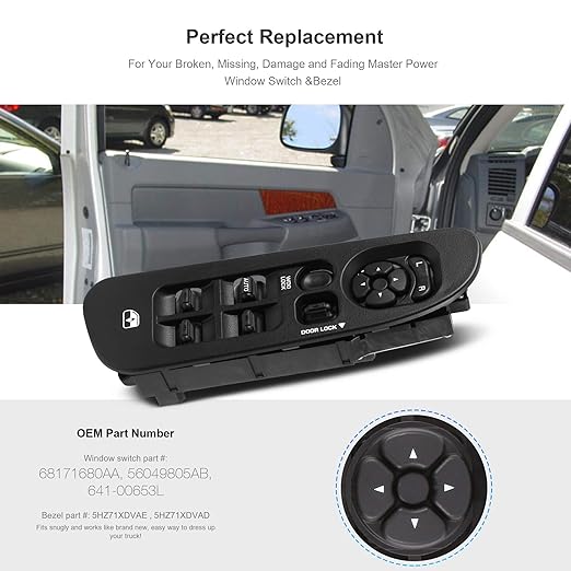 BASIKER Master Power Window Switch and Bezel Driver Side and Window Bezel Passenger Side Replacements for 2002-2010 Dodge Ram 1500 2500 3500, Black