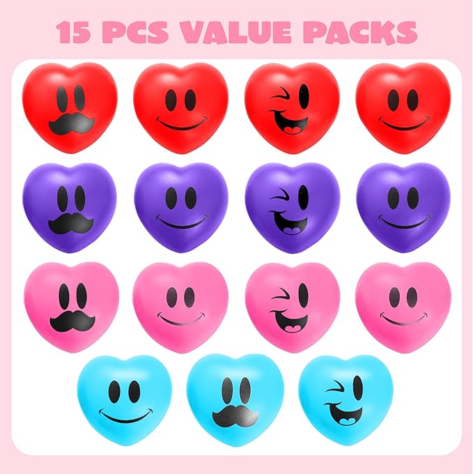 JOYIN 15 Pcs Valentines Heart Shape Stress Ball, Valentine's Day 3 inch Heart Ball Squishy Toy Exchange Gift for Kids, Stress Relief Party Favors, Holiday Reward Prizes