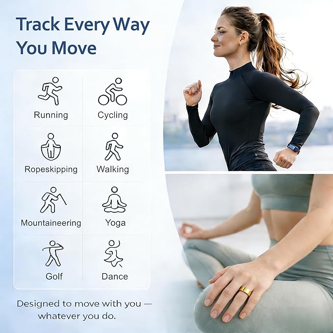 Smart Ring Health & Fitness Tracker for Men & Women, Heart Rate, SPO₂, Sleep & Activity Monitoring, IP68 Waterproof, Long Battery Life, Family Care Mode, No Subscription Fee (Gold, 9)