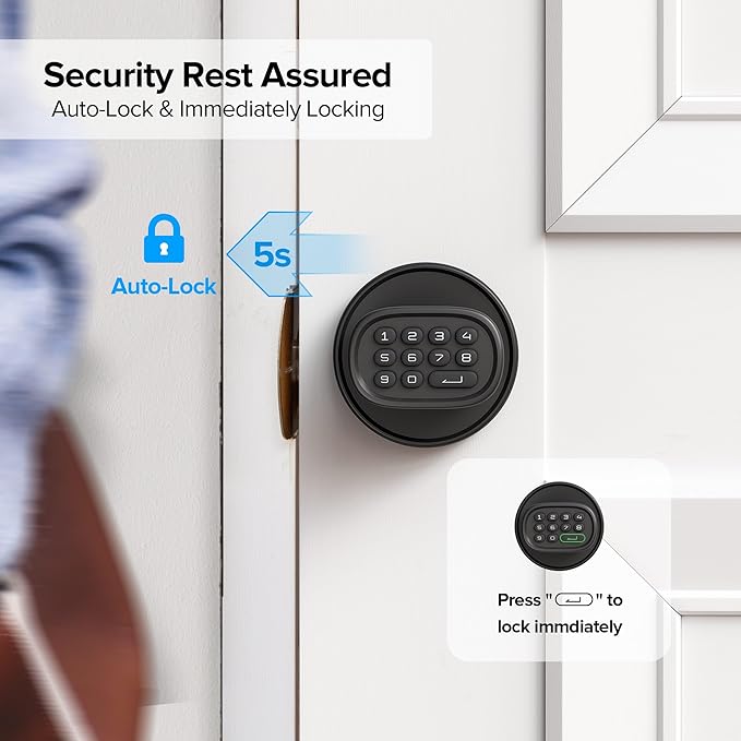 Door Lock Knob with Keypad Keyless Entry Door Knob Electric Coded Indoor Door Knob for Interior Doors Thickness up to 2-1/4", Bedroom, Home Office, Garage, 4xAA Alkaline Battery, M1 Black