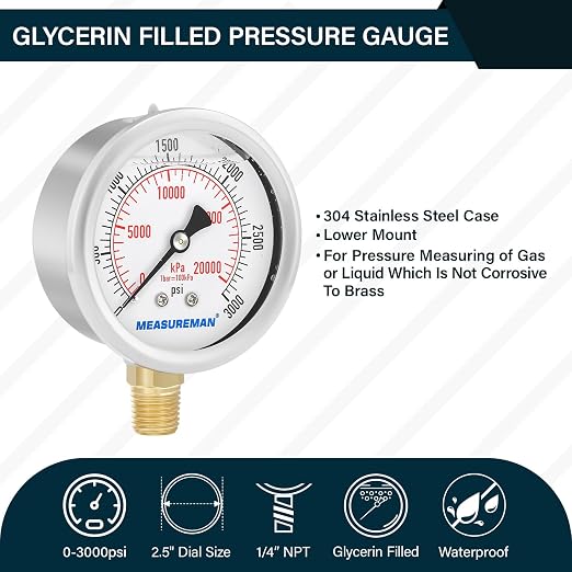MEASUREMAN 2-1/2" dial, Glycerin Filled, Stainless Steel case, Brass Inside - Image 2