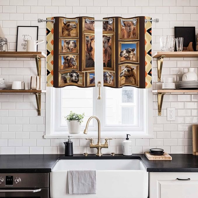 2 Panel Kitchen Cafe Curtains, Wildlife Camels Sunlight Filtering Nature Air - Image 2