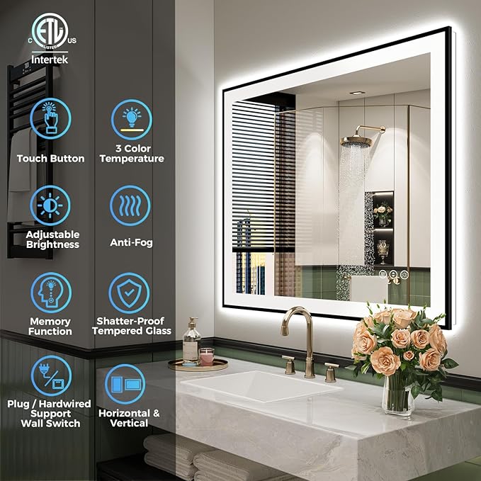 YEELAIT 36x36 Inch LED Bathroom Mirror with Lights (Front Lit and Backlit) Black Framed Lighted Vanity Mirror for Bathroom Wall Dimmable Anti-Fog Memory Tempered Glass Horizontal/Vertical