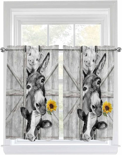 Grey Farmhouse Tier Curtains 45 Inches Long, Vintage Sunflowers Animals Printed by Unknown