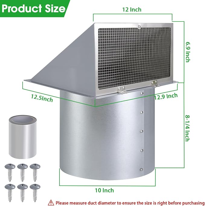 10 Inch Hooded Wall Vent with Screen and Damper, Outdoor Wall Exhaust Vent - Image 2