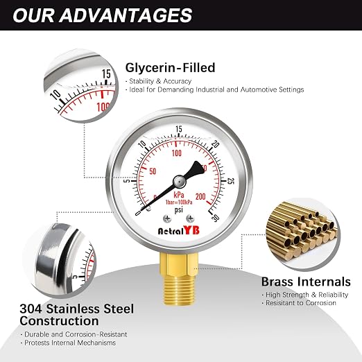 0-30 PSI Pressure Gauge, Glycerin-Filled, 2-Inch Stainless Steel Gauge - Image 4
