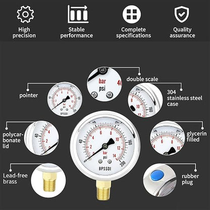 0-200 Psi Glycerin Liquid Filled Low Pressure Gauge, 2.5" Dial Size, 1/4" G - Image 3