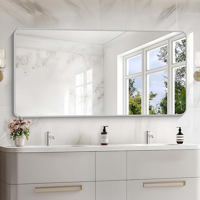 30x60 Inch Silver Bathroom Mirror, Large Rectangular Vanity Mirror, Metal Framed Rectangle Mirror, Rounded Corner Wall Mounted Mirrors for Living Room Bedroom Entryway Horizontal or Vertical
