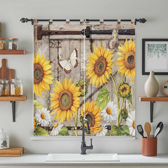 Farmhouse Sunflowers Bathroom Curtains 63 Inch Length, Window Curtains Tab Top - Image 3