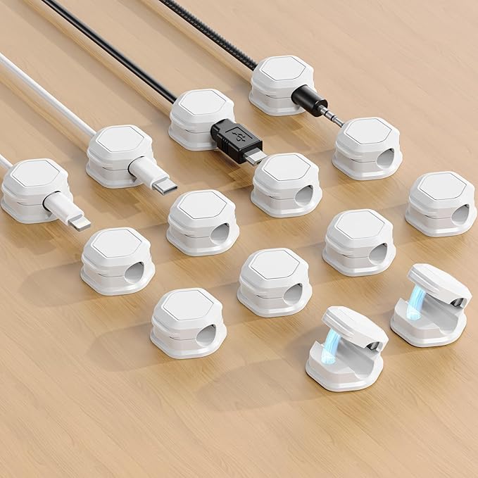 14 Pack Cord Holder - Magnetic Cable Clips - Cord Holder for Nightstand - Cord Organizer for Desk, Magnetic Cord Organizer, for Desk, Nightstand, Phone Charger, Computer, Home, Office, Car (White)