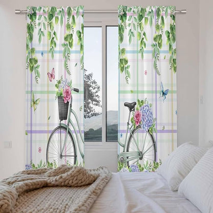 Spring Kitchen Curtains, Bicycles Botanical Leaves Rose Colorful Stripes Light - Image 4