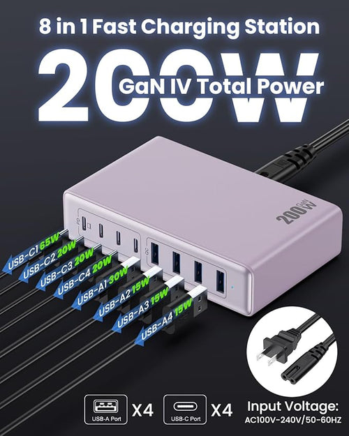 200W USB C Charger Block,8-Ports GaN III Fast Charging Station Hub,PD 65W Laptop Chargers Wall Charger Power Adapter for MacBook Pro/Air,DELL,Steam Desk,iPhone 17/16/15,iPad,Galaxy S25,Pixel-Purple