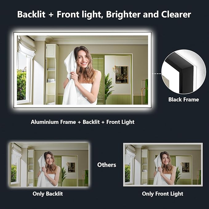 YEELAIT 72x40 Inch LED Bathroom Mirror with Lights (Front Lit and Backlit) Black Framed Lighted Vanity Mirror for Bathroom Wall Dimmable Anti-Fog Memory Tempered Glass Horizontal/Vertical