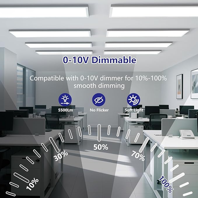 AIKVSXER 1x4 Led Flat Panel Light Surface Mount-2 Pack, 50W 5500Lm Dual Selectable 5CCT 3000K/4000K/5000K/5700K/6500K and Wattage 30-50W 0-10V Dimmable Ceiling Light Fixture for Kitchen/Laundry