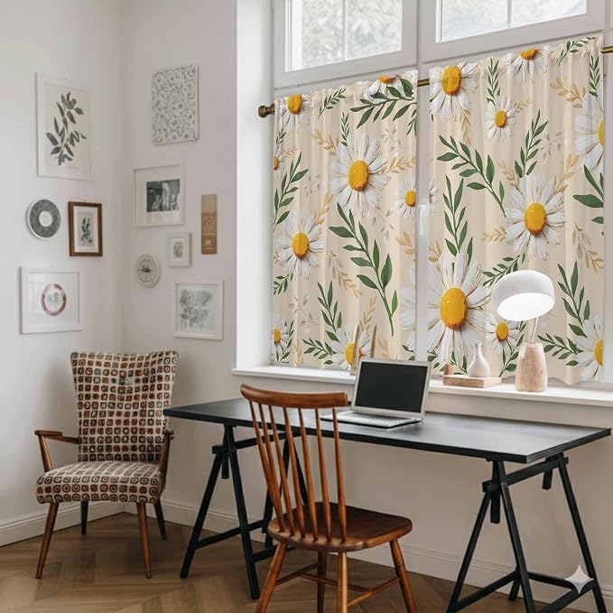 Spring Daisy Tier Curtains, Country Watercolor Flower Leaf Plant Light - Image 6