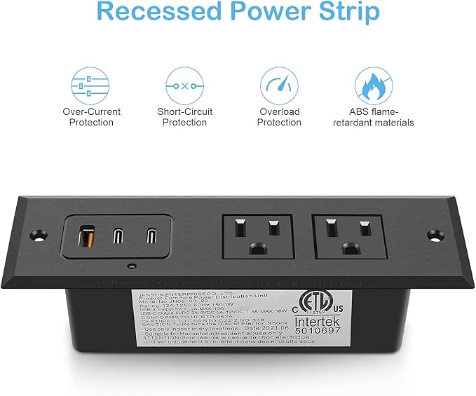 CCCEI Recessed Power Strip with Two USB-C Ports, Fast Charging USB A Port Desk Outlet, Black Furniture Hidden Charging Station for Side Table, End Table, with 6 FT 45 Degree Flat Plug Extension Cord.