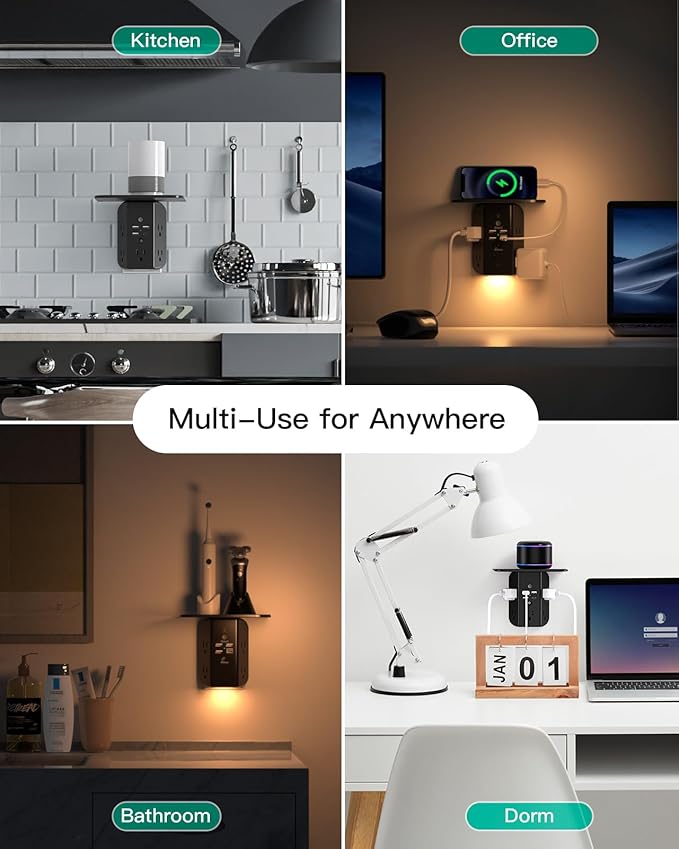 Wall Outlet Extender with Shelf and Night Light,Surge Protector,USB Wall Charger with 5 USB Outlets and 3 USB Ports 1 USB C Outlet