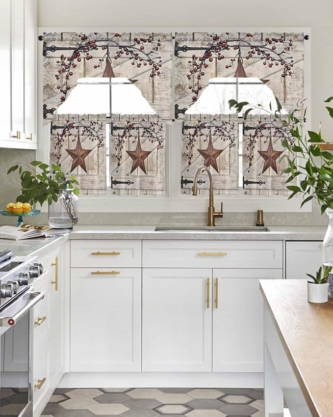 Village Stars Swag Kitchen Curtains Valance and Tier Set, Vintage Rust Yellow - Image 3
