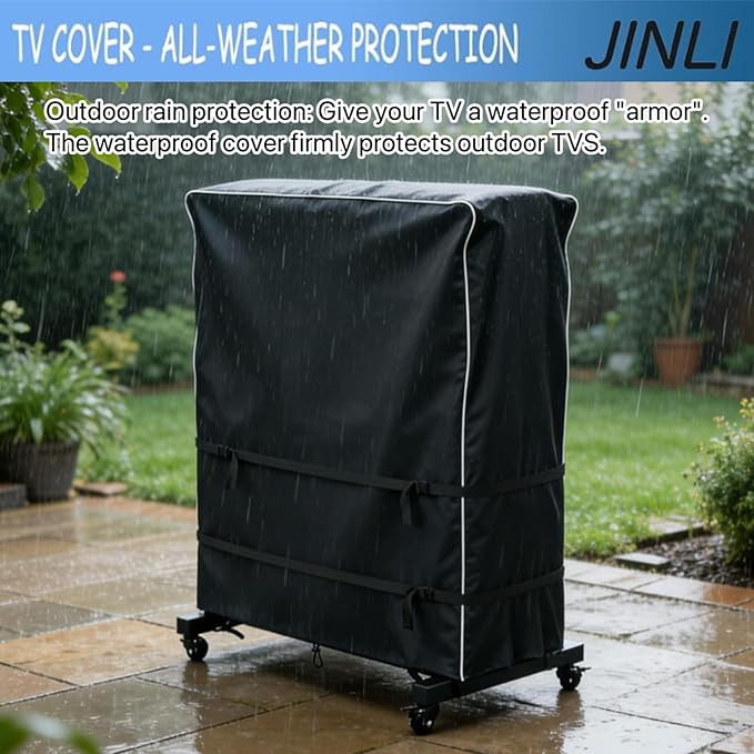 JINLI 45-50 inch outdoor TV trolley cover, courtyard TV cover, Oxford fabric waterproof and dustproof, triple windproof design, compatible with rolling/mobile stand