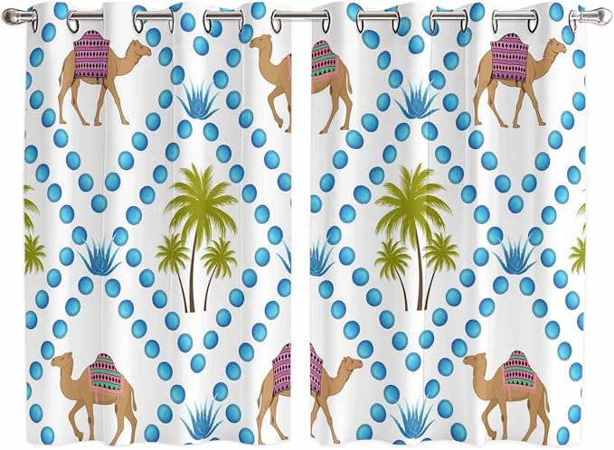 2 Panel Kitchen Cafe Curtains, Camels Palm Trees Sunlight Filtering Nature Air by Hokiten