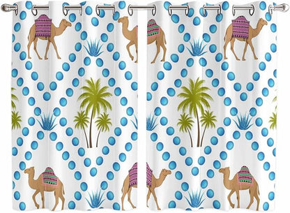 2 Panel Kitchen Cafe Curtains, Camels Palm Trees Sunlight Filtering Nature Air by Hokiten