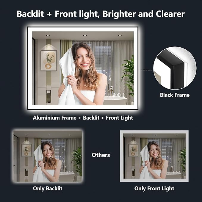 YEELAIT 55x40 Inch LED Bathroom Mirror with Lights (Front Lit and Backlit) Black Framed Lighted Vanity Mirror for Bathroom Wall Dimmable Anti-Fog Memory Tempered Glass Horizontal/Vertical