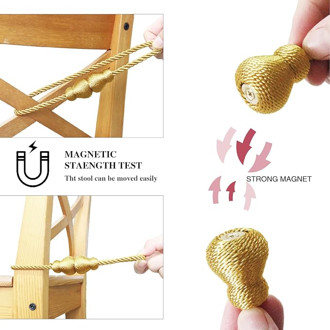 Nieffeiy Magnetic Curtain Tiebacks Outdoor Curtain Tie Backs Rope Decorative Magnetic Curtain Holders for Drapes Window Treatment Holdbacks, Gold 2Pack