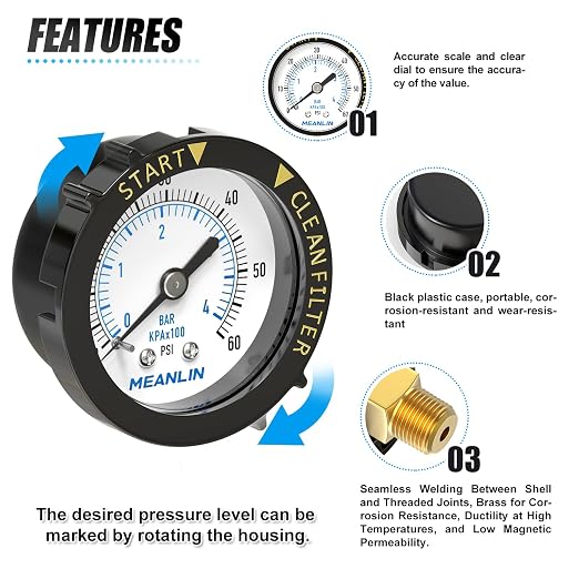 MEANLIN MEASURE 0~60Psi 1/4" NPT Start and Clean Filter Pressure Gauge - Image 3