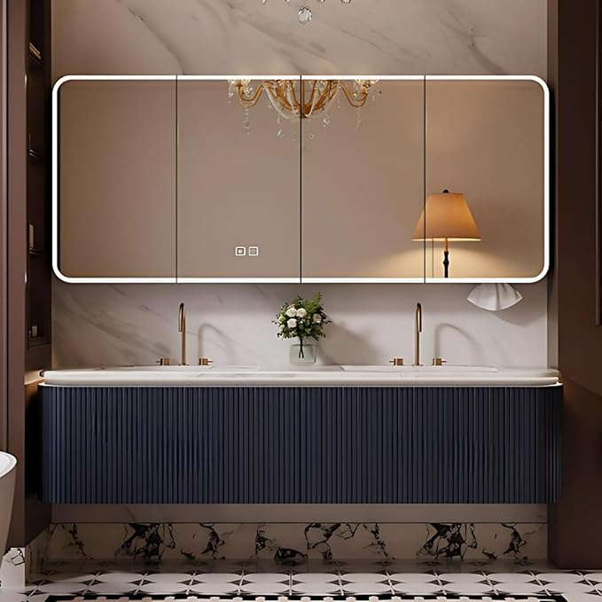 Bathroom Vanity with Double Sinks - LED Smart Defogging Mirror & Equipped with Tissue Hole | Modern Double Sink Bathroom Cabinet, 2 Drawers & Wavy Panel, Dark Blue (Mirror Cabinet, 88IN)