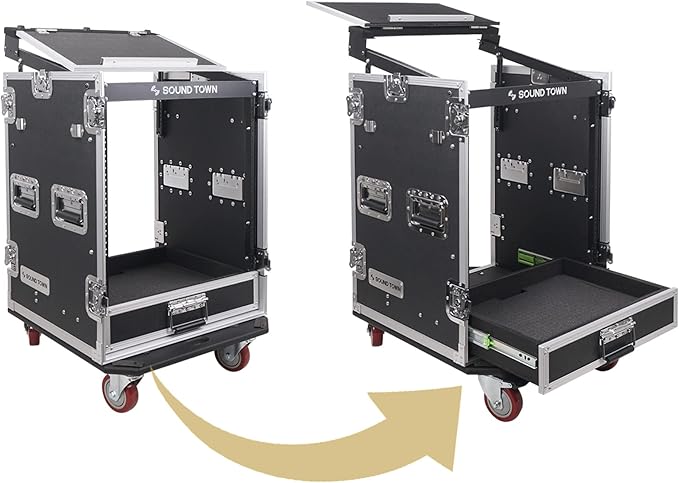 Sound Town 14U PA DJ Pro Audio Rack/Road ATA Case with 2U Drawer, 11U Slant Mixer Top, Two DJ Work Tables, Casters, Pro Tour Grade (MR-DR14UT2)