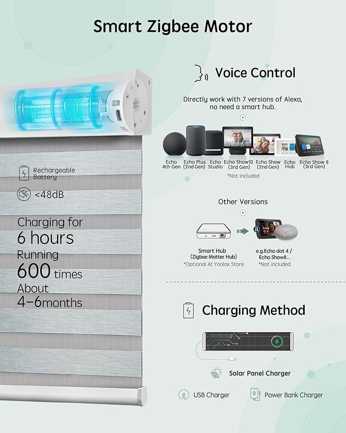 Yoolax Motorized Blinds with Remote, Electric Zebra Blinds for Indoor Windows, Room Darkening Smart Shades with Voice Control, Compatible with Alexa Google Home, APP Control, 41" W x 72" H, Grey