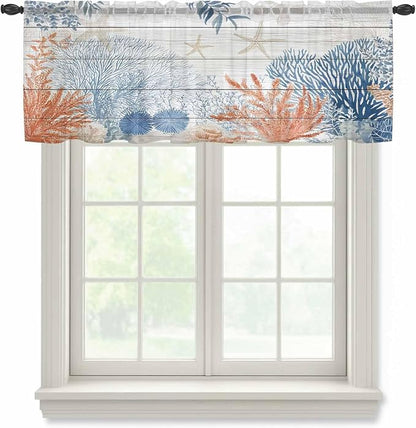 Ocean Corals Sheer Valance Curtains, Summer Beach Coral Sea Stars Wood Grain by Houseown