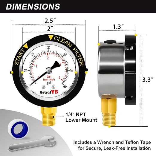 0-60PSI Pool Filter Pressure Gauge, 2 inches Dial, 1/4" NPT Bottom Mount - Image 7