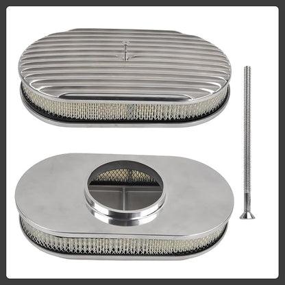 15" Air Cleaner Kit Polished Aluminum Oval Full Finned Retro Compatible - Image 2