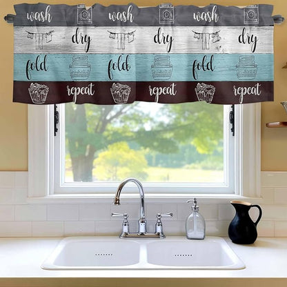 Laundry Rules Valances for Windows, Retro Blue White Wood Board Grain Kitchen - Image 6