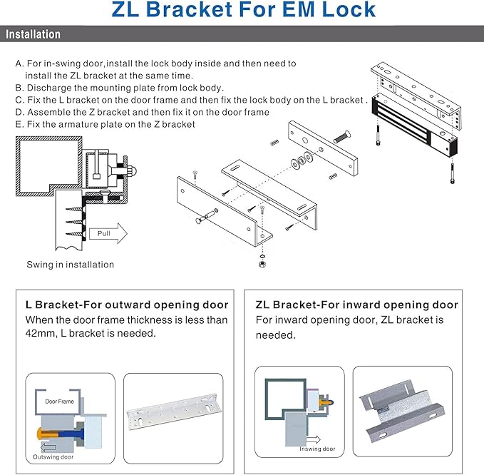 Electric Magnetic Lock with Z and L Bracket 180KG 350LBS Holding Force Electromagnet Lock 12V Fail Safe Single Door for Access Control System