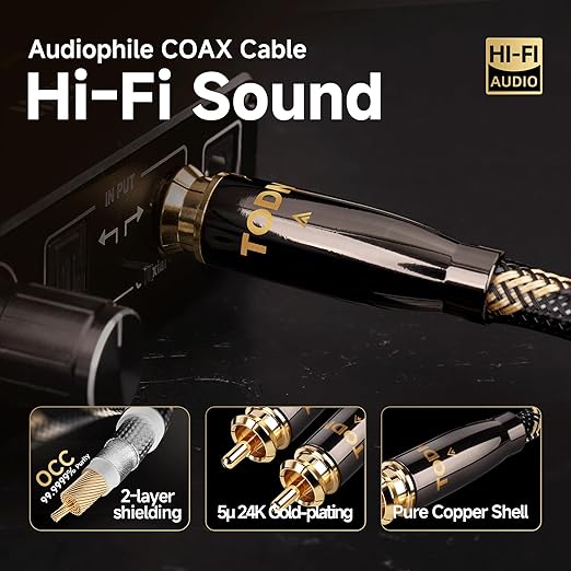 TODN Digital Coaxial Cable 75-Ohm Audiophile SPDIF Coax Audio Cable RCA to RCA for HiFi Systems (6.5ft /2m)