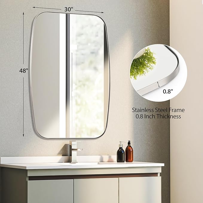 Brushed Nickel Bathroom Mirror, 30"×48" Oval Vanity Mirror with Stainless Steel Metal Frame, Silver Oblong Wall Mount Mirror for Bedroom, Living Room
