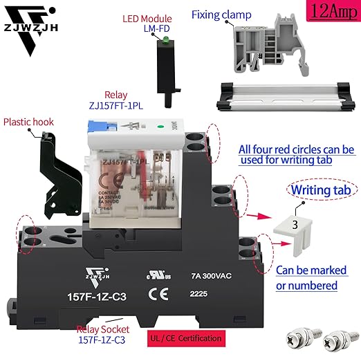 12 Pcs 12Amp Power Relay Switch UL Listed 24V DC Relay Coil, 5 Pin SPDT 1NO 1NC with Test Button, LED Module Light, Socket Base, DIN Rail