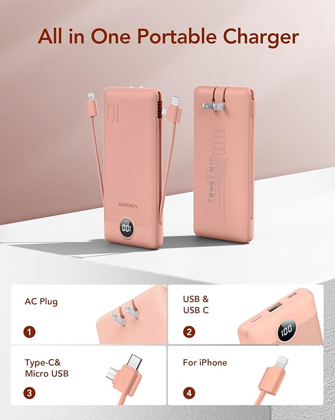 VEGER Portable Charger for iPhone Built in Cables and Wall Plug, 10000mah Slim Fast Charging USB C Power Bank, Travel Essential Battery Pack Compatible with iPhones, iPad, Samsung(Dark Pink)
