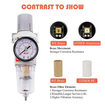 RIH 1/4" NPT Compressed Air Filter Regulator Combo Piggyback, 5 Micron Brass - Image 3