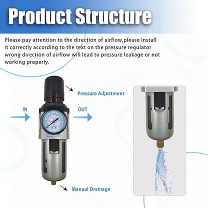 HengMinLingTong 1/2" NPT Compressed Air Filter Regulator Combo Piggyback - Image 4