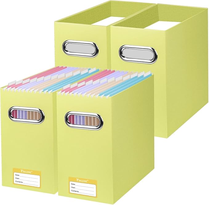 BALEINE File Organizer Box, Cardboard File Folder Organizer with Handle for Letter Size, Portable Collapsible Hanging Filing Box for Home Office Document Storage (4 Pack, Yellow)