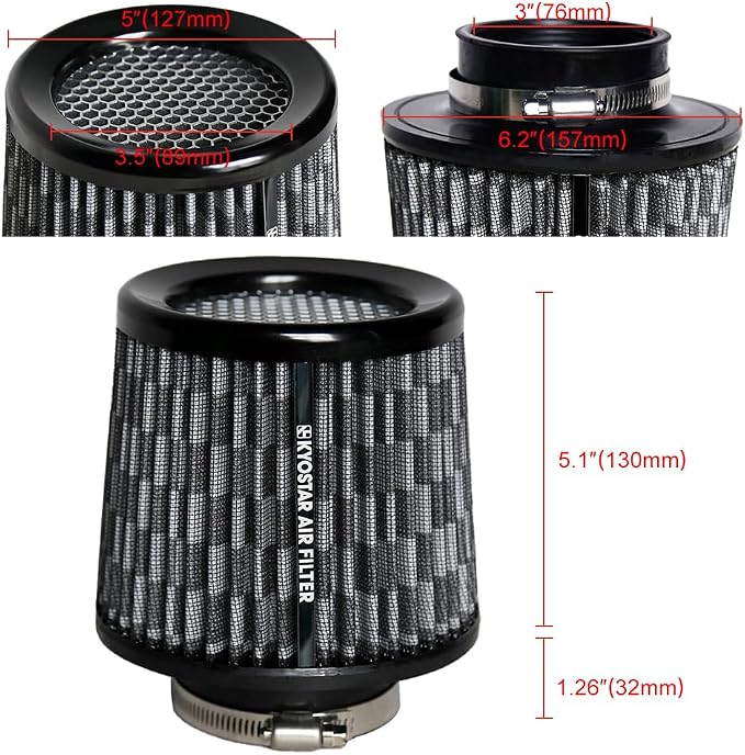 KYOSTAR Universal 3" High-Flow Air Filter, Reusable Cone Cold Air Intake - Image 2