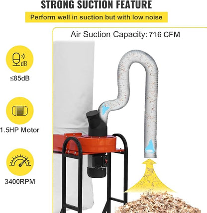 VEVOR 1.5 HP Dust Collector, 716 CFM, Portable Vortex Dust Collector, - Image 3