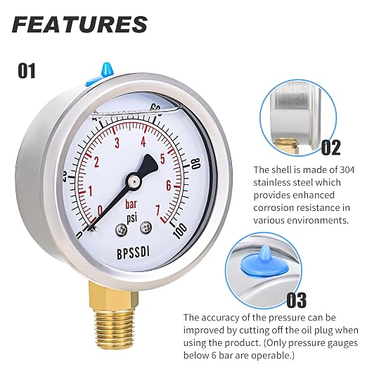 0-100 Psi Glycerin Liquid Filled Low Pressure Gauge, 2.5" Dial Size, 1/4" NPT - Image 4