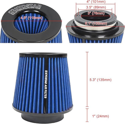 KYOSTAR Universal 3/3.5/4" High-Flow Air Filter, Reusable Cone Cold Air Intake - Image 2